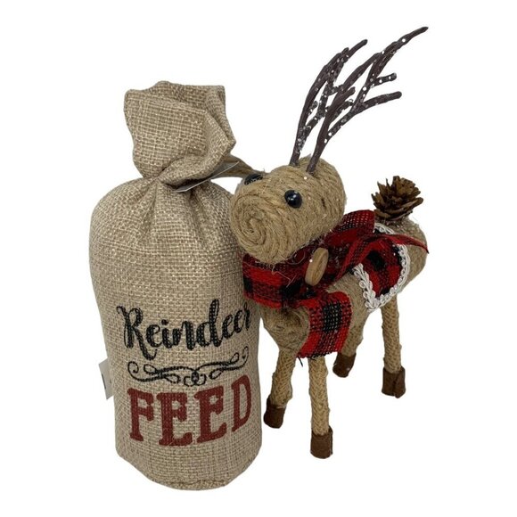 Christmas Reindeer Feed Sack Buffalo Check Set Rustic Farmhouse Holiday Decor - Picture 6 of 11